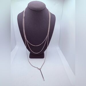 Three Strand Silvertone Bar & Rhinestone Pendent Chain Necklace  Modernist 33"